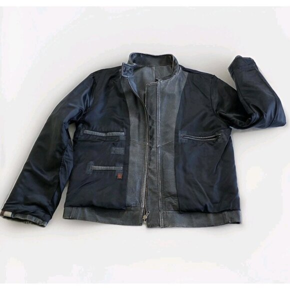 Danier Leather Jacket Men M Gray Biker Zip Striped LS Pockets Textured Rigid VTG - Picture 12 of 16